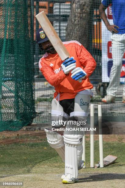 India's Captain Rohit Sharma bats at the nets during a practice session at the Rajiv Gandhi International Cricket Stadium in Hyderabad on January 23...