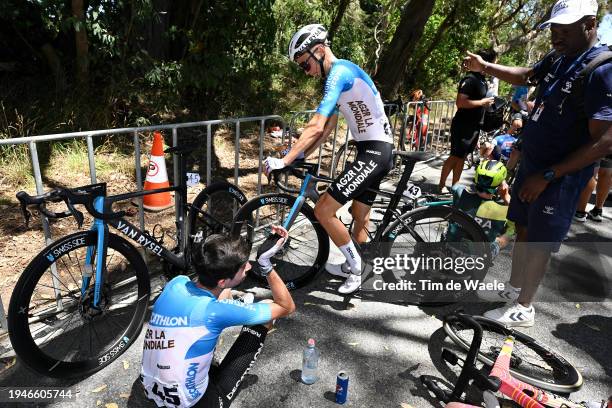 Valentin Paret Peintre of France and Jaakko Hanninen of Finland and Decathlon AG2R La Mondiale Team react after the 24th Santos Tour Down Under 2024,...