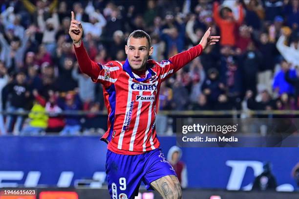 Leonardo Bonatini of San Luis celebrates after scoring the team's first goal during the 2nd round match between Atletico San Luis and Pumas UNAM as...