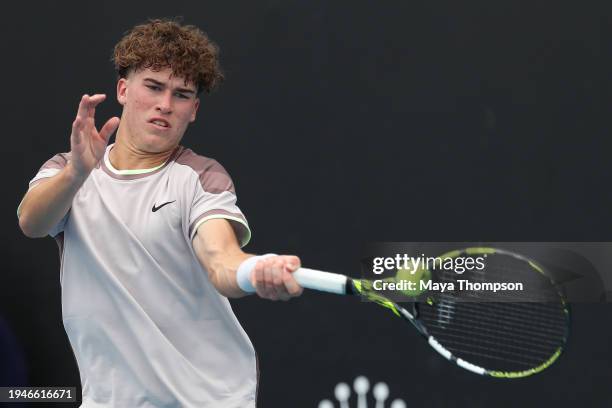 Viktor Frydrych of Great Britain plays a forehand in their round one junior boys singles match against Luis Jose Nakamine of Peru during the 2024...