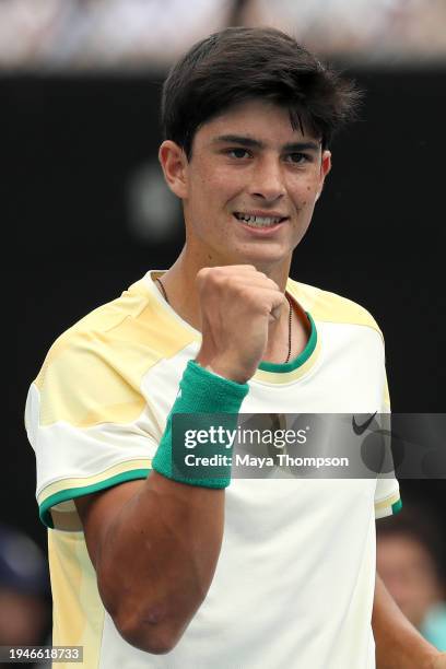 Federico Cina of Italy celebrates a point in their round one junior boys singles match against Amir Omarkhanov of Kazakhstan during the 2024...