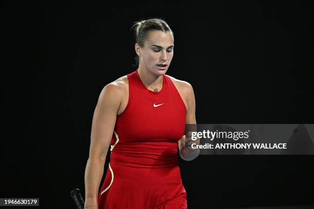 Belarus' Aryna Sabalenka reacts after a point against Czech Republic's Barbora Krejcikova during their women's singles quarter-final match on day 10...