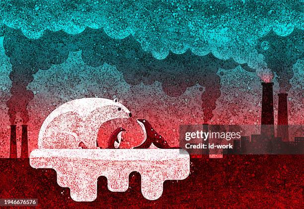 polar bear meeting penguin and seal with smoking chimneys background - ice smoke stock illustrations