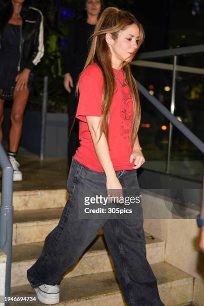Shakira is seen leaving Sexy Fish restaurant on January 19, 2024 in Miami, Florida.