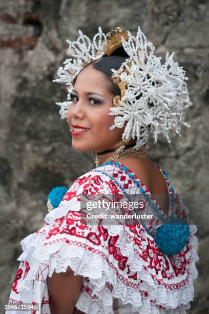 panamanian woman in a traditional pollera - panama city stock pictures, royalty-free photos & images