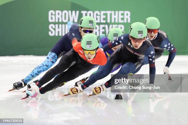 Zhang Bohao of China and Shuai Sean Boxiong of the United States compete in the Men 1500m Semifinals during a day one of the Winter Youth Olympic...