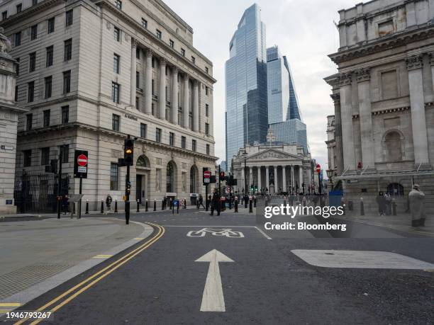 The Royal Exchange, center, near Bank Junction in the City of London, UK, on Wednesday, Jan. 17, 2024. A quiet revolution in the financial district...