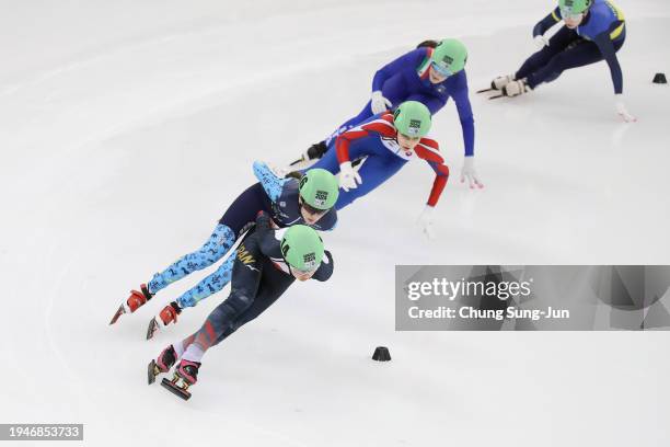 Nonomi Inoue of Japan, Anastassiya Astrakhantseva of Kazakhstan compete in the Women 1500m Quarterfinals during a day one of the Winter Youth Olympic...