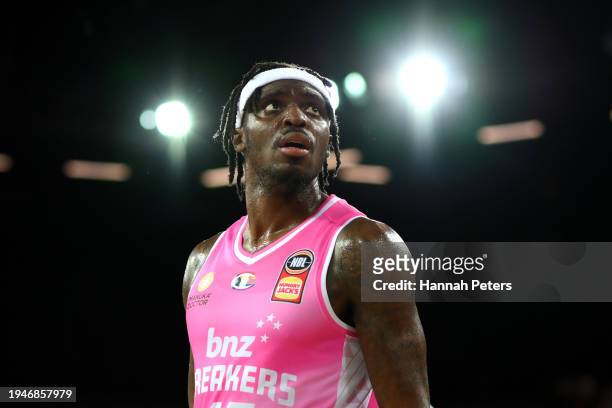 Zylan Cheatham of the New Zealand Breakers looks on during the round 16 NBL match between New Zealand Breakers and South East Melbourne Phoenix at...