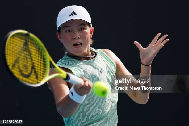 Ena Koike of Japan competes against Renee Alame of Australia in their first round 2024 Australian Open Junior Championships match at Melbourne Park...