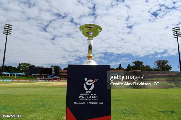 General view of the inside of the stadium as the ICC U19 Men's Cricket World Cup Trophy can be seen prior to the ICC U19 Men's Cricket World Cup...