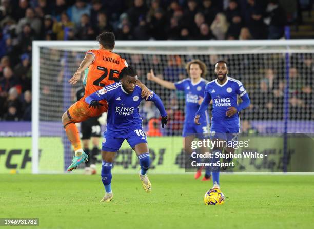 Leicester City's Stephy Mavididi battles with Ipswich Town's Massimo Luongo during the Sky Bet Championship match between Leicester City and Ipswich...