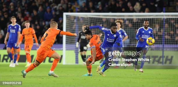 Leicester City's Stephy Mavididi battles with Ipswich Town's Massimo Luongo during the Sky Bet Championship match between Leicester City and Ipswich...