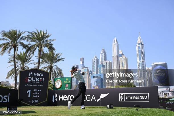 Cameron Young of the United States tees off on the first hole during Round Three of the Hero Dubai Desert Classic at Emirates Golf Club on January...