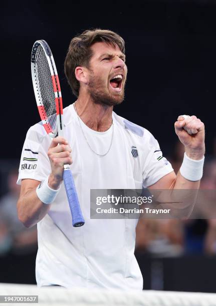 Cameron Norrie of Great Britain celebrates match point in their round three singles match against Casper Ruud of Norway during the 2024 Australian...