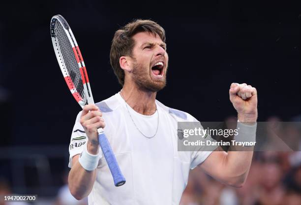 Cameron Norrie of Great Britain celebrates match point in their round three singles match against Casper Ruud of Norway during the 2024 Australian...