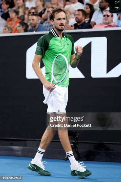 Daniil Medvedev celebrates a point in their round three singles match against Felix Auger-Aliassime of Canada during the 2024 Australian Open at...