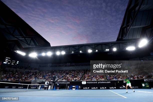 General view of Margaret Court Arena as Daniil Medvedev plays a backhand in their round three singles match against Felix Auger-Aliassime of Canada...