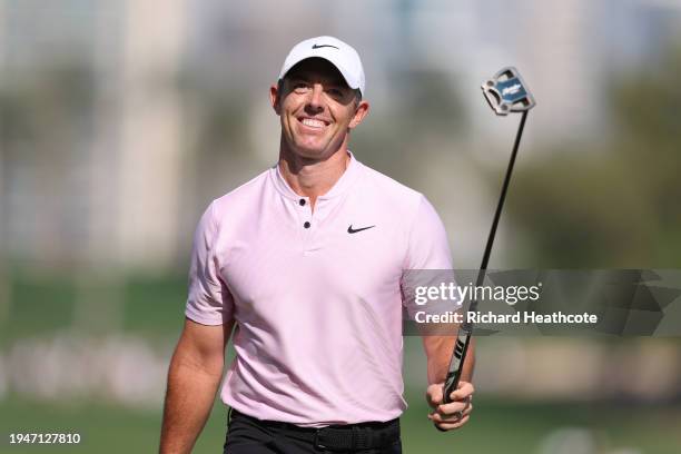 Rory McIlroy of Northern Ireland celebrates after an eagle putt on the 18th green during Round Three of the Hero Dubai Desert Classic at Emirates...