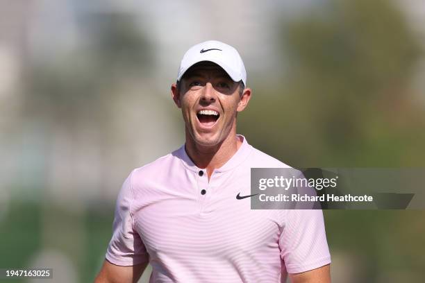 Rory McIlroy of Northern Ireland celebrates after an eagle putt on the 18th green during Round Three of the Hero Dubai Desert Classic at Emirates...