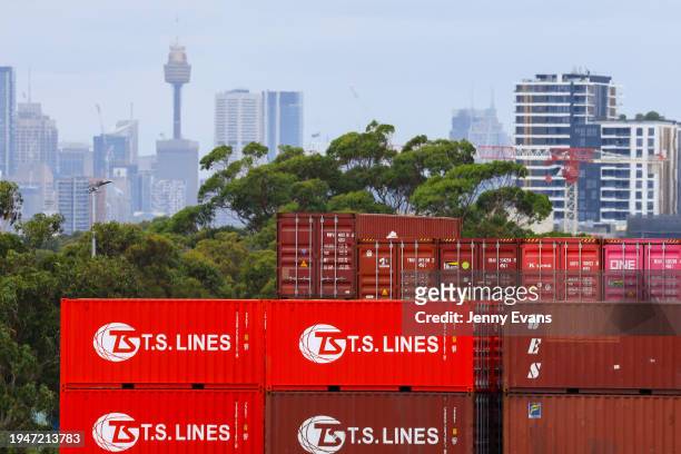 General view of shipping containers at Port Botany on January 20, 2024 in Sydney, Australia. The Guardian reported that workers at DP World have been...