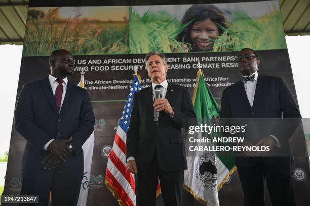 Secretary of State Antony Blinken and President of the African Development Bank Group Akinwumi Adesina deliver remarks following their meeting at the...