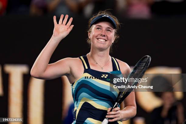 Linda Noskova of the Czech Republic celebrates match point in their round three singles match against Iga Swiatek of Poland during day seven of the...