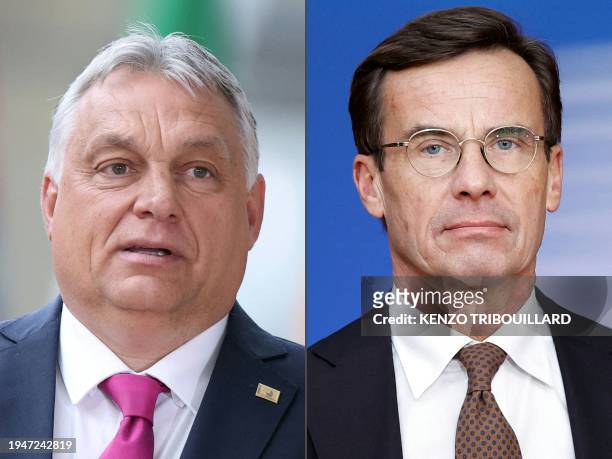 This combination created on January 23, 2024 of file pictures shows Hungary's Prime Minister Viktor Orban and Sweden's Prime Minister Ulf Kristersson...