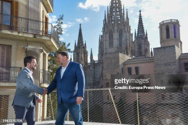 The president of the Generalitat de Catalunya, Pere Aragones and the president of ERC, Oriol Junqueras , pose in front of the Barcelona Cathedral...