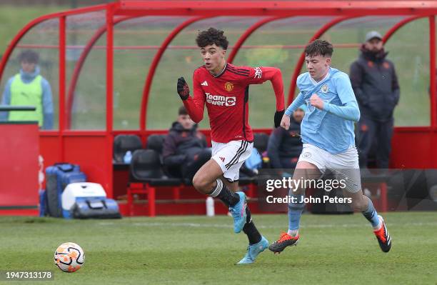 Ethan Wheatley of Manchester United U18s in action during the U18 Premier League match between Manchester United U18s v Manchester City U18s at...