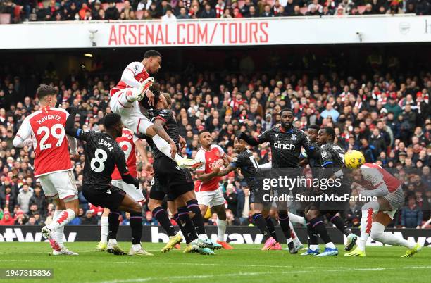 Gabriel of Arsenal scores his team's first goal during the Premier League match between Arsenal FC and Crystal Palace at Emirates Stadium on January...