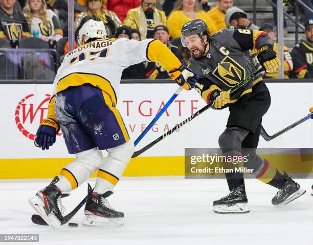 Ryan McDonagh of the Nashville Predators blocks a shot by Mark Stone of the Vegas Golden Knights in the second period of their game at T-Mobile Arena...