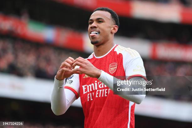 Gabriel of Arsenal celebrates scoring his team's first goal during the Premier League match between Arsenal FC and Crystal Palace at Emirates Stadium...