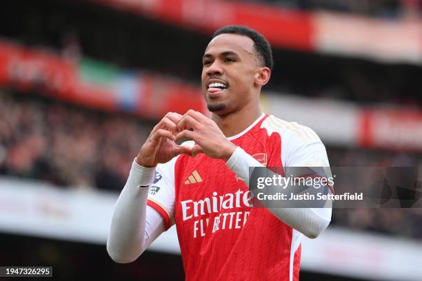 Gabriel of Arsenal celebrates scoring his team's first goal during the Premier League match between Arsenal FC and Crystal Palace at Emirates Stadium...