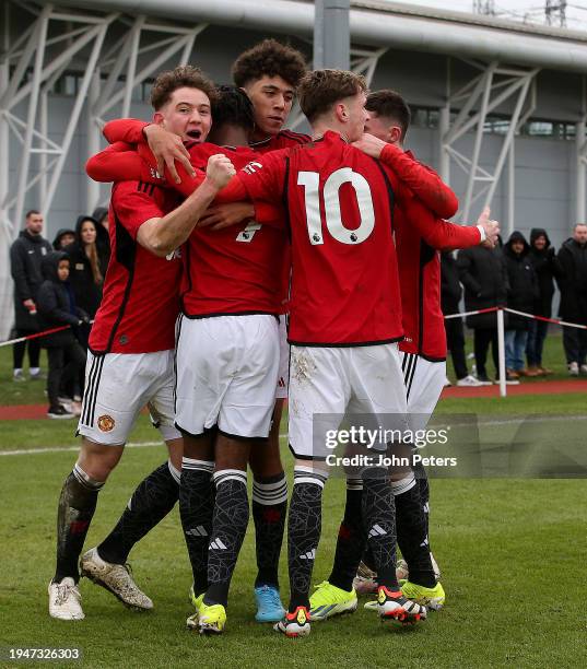 Louis Jackson of Manchester United U18s celebrates during the U18 Premier League match between Manchester United U18s v Manchester City U18s at...