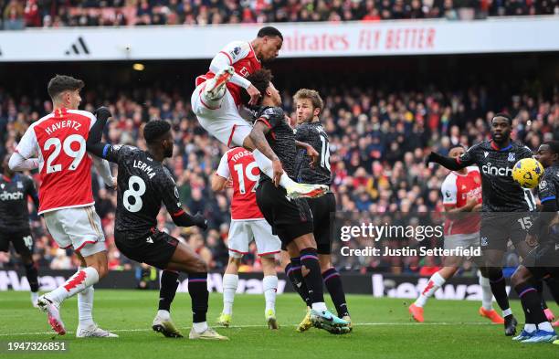 Gabriel of Arsenal scores his team's first goal during the Premier League match between Arsenal FC and Crystal Palace at Emirates Stadium on January...