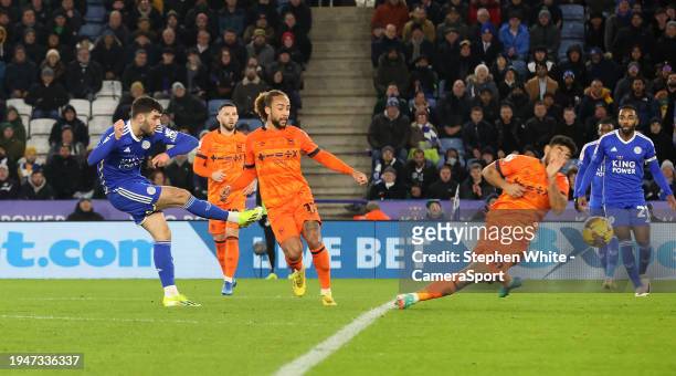 Leicester City's Thomas Cannon shoots past Ipswich Town's Massimo Luongo during the Sky Bet Championship match between Leicester City and Ipswich...