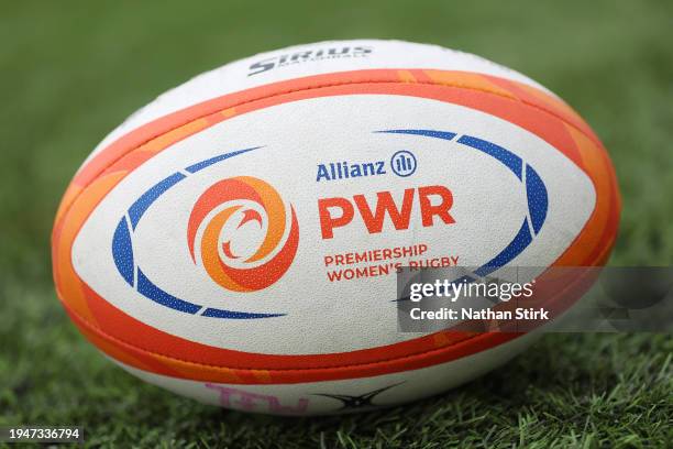The Allianz Premier Womens 15s match ball is seen prior to the Allianz Premiership Women's Rugby match between Loughborough Lightning and...