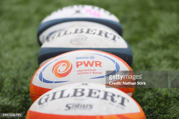 Allianz Premier Womens 15s match balls are seen prior to the Allianz Premiership Women's Rugby match between Loughborough Lightning and Trailfinders...