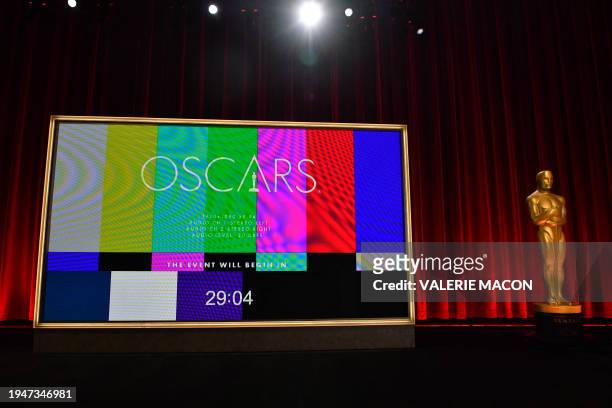 An Oscar statue adorns the stage before the start of the the 96th Academy Awards nominations announcement at the Samuel Goldwyn Theater in Beverly...