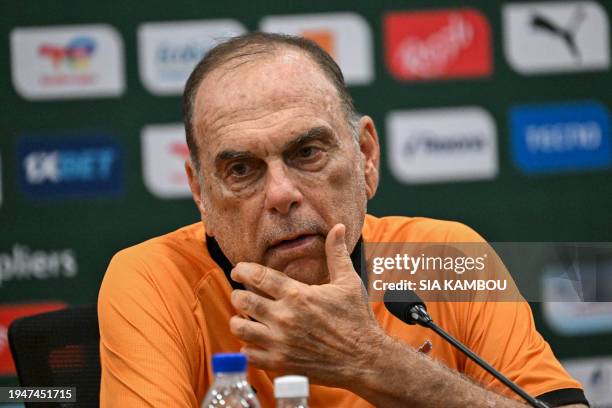 Zambia's Israeli head coach Avram Grant attends a press conference at the Laurent Pokou stadium in San-Pedro on January 23, 2024 on the eve of the...