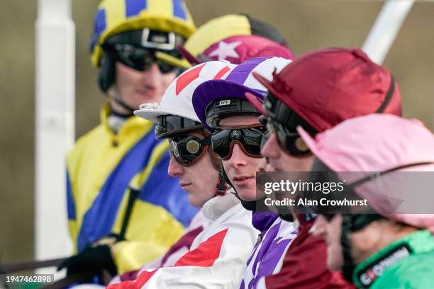 Jockeys in the stalls for The Boost Your Acca-Fenwa With BetUK Handicap at Lingfield Park Racecourse on January 20, 2024 in Lingfield, England.