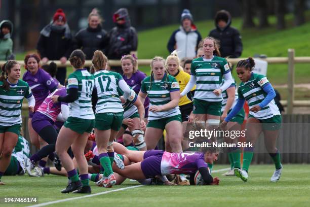 Helen Nelson of Loughborough Lightning scores their team's first try during the Allianz Premiership Women's Rugby match between Loughborough...