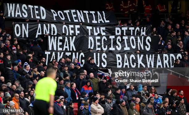 Crystal Palace fans hold a banner in protest during the Premier League match between Arsenal FC and Crystal Palace at Emirates Stadium on January 20,...