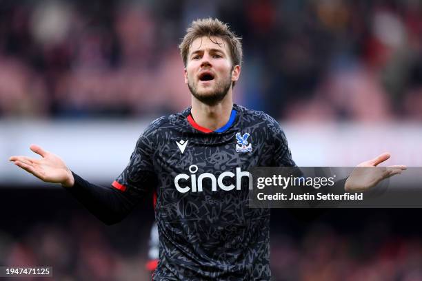 Joachim Andersen of Crystal Palace gestures to the crowd, following the team's defeat during the Premier League match between Arsenal FC and Crystal...