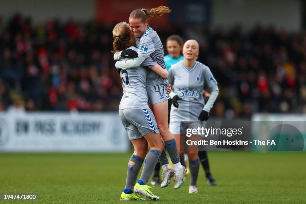 Katja Snoeijs of Everton celebrates with teammate Karoline Olesen scoring her team's first goal during the Barclays Women's Super League match...