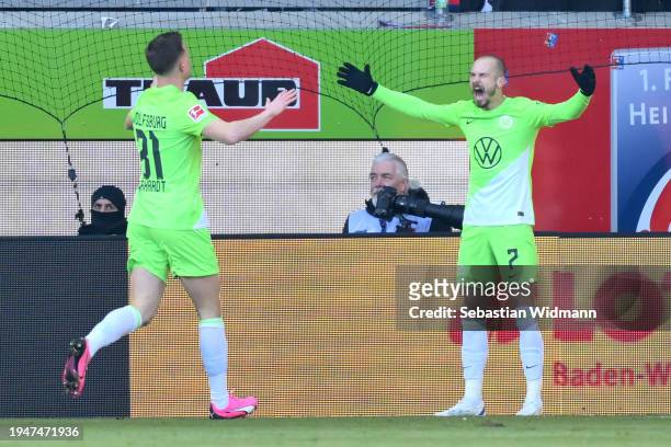 Vaclav Cerny of VfL Wolfsburg celebrates scoring his team's first goal with teammate Yannick Gerhardt during the Bundesliga match between 1. FC...