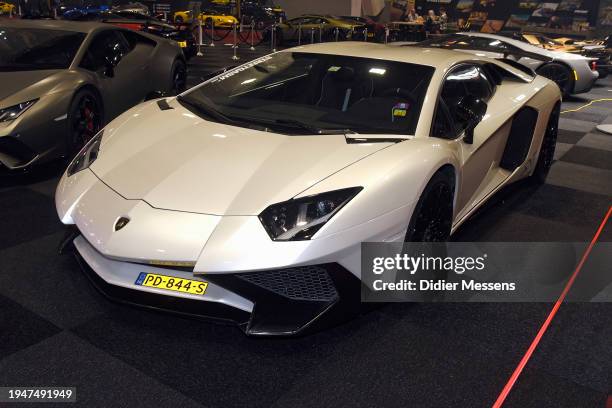 An Lamborghinin Aventador is on display at the Brussels Auto Show on January 17, 2024 in Brussels, Belgium.