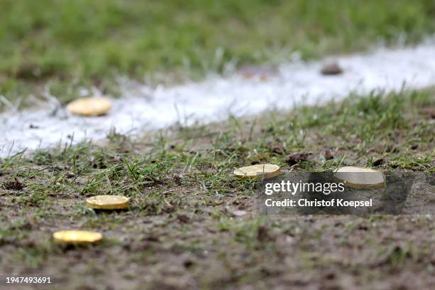 Detail view of chocolate coins being thrown onto the pitch in protest by fans during the Bundesliga match between VfL Bochum 1848 and VfB Stuttgart...