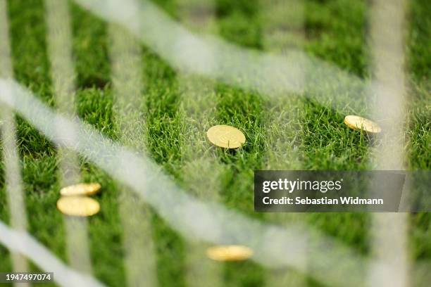Detail view of chocolate coins thrown onto the pitch in protest by fans during the Bundesliga match between 1. FC Heidenheim 1846 and VfL Wolfsburg...